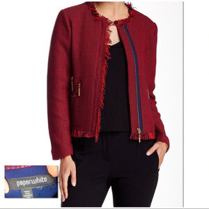 PAPERWHITE EUC Red Navy Textured Fringed Blazer